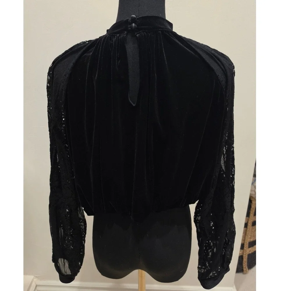 Free People Black Velvet Lace Sleeve Mock Neck Top XS Whimsigoth Gothic romance